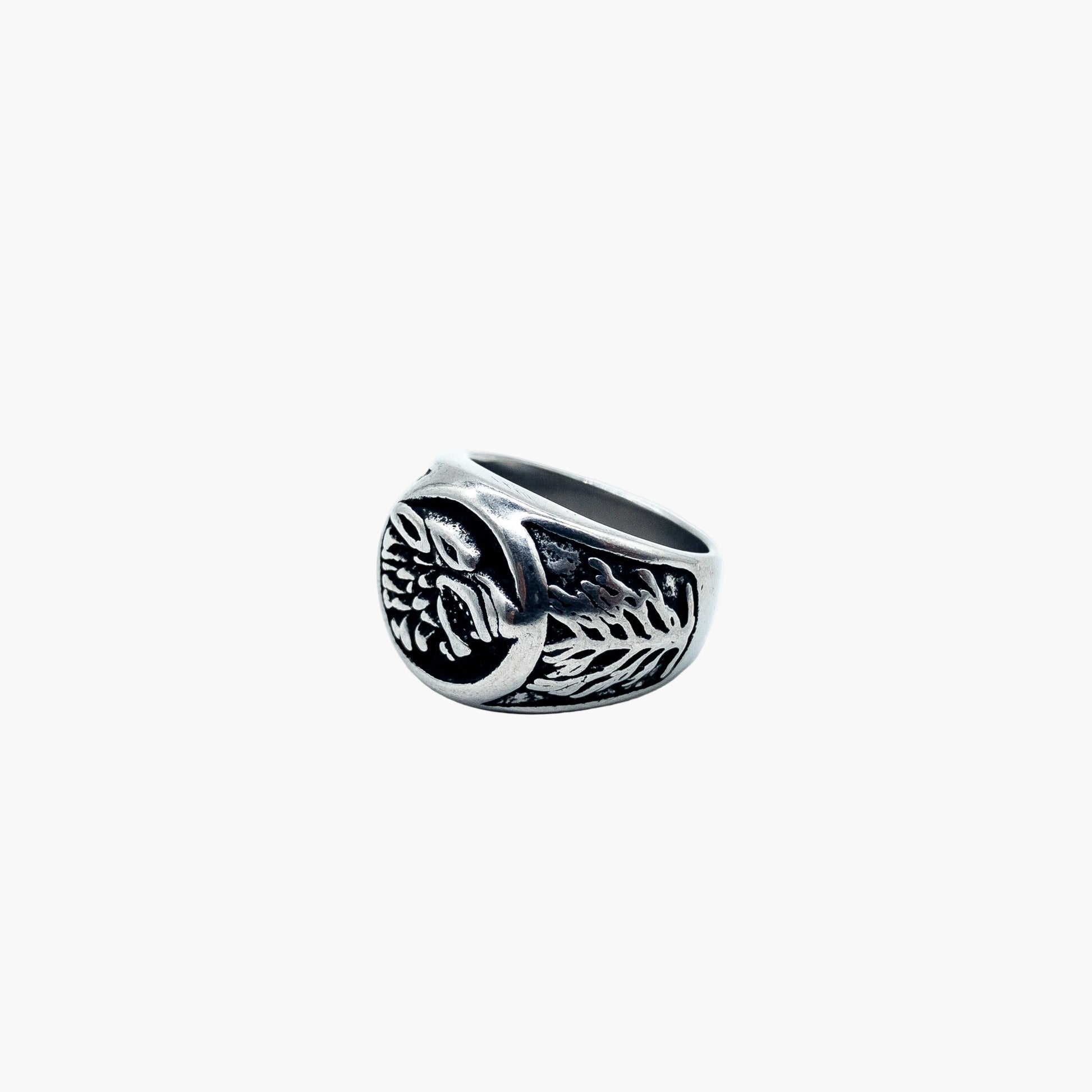 right side shot of Skoll Norse ring showing wolf and Yggdrasil detail