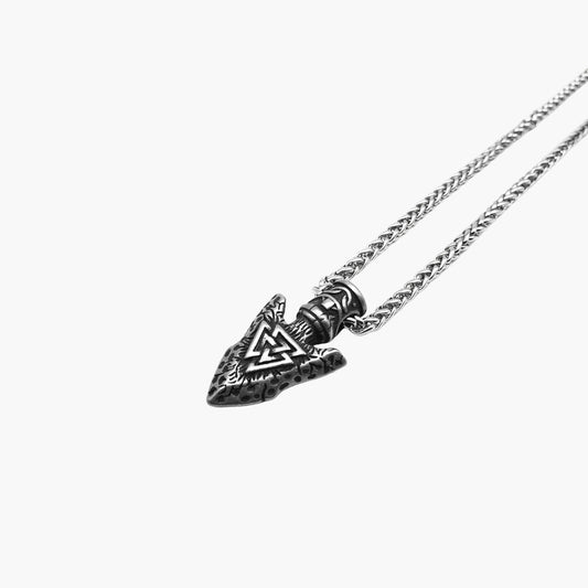Spearhead Amulet showing spear-shaped pendant with precise Valknut engraving by HOUSE OF ROK