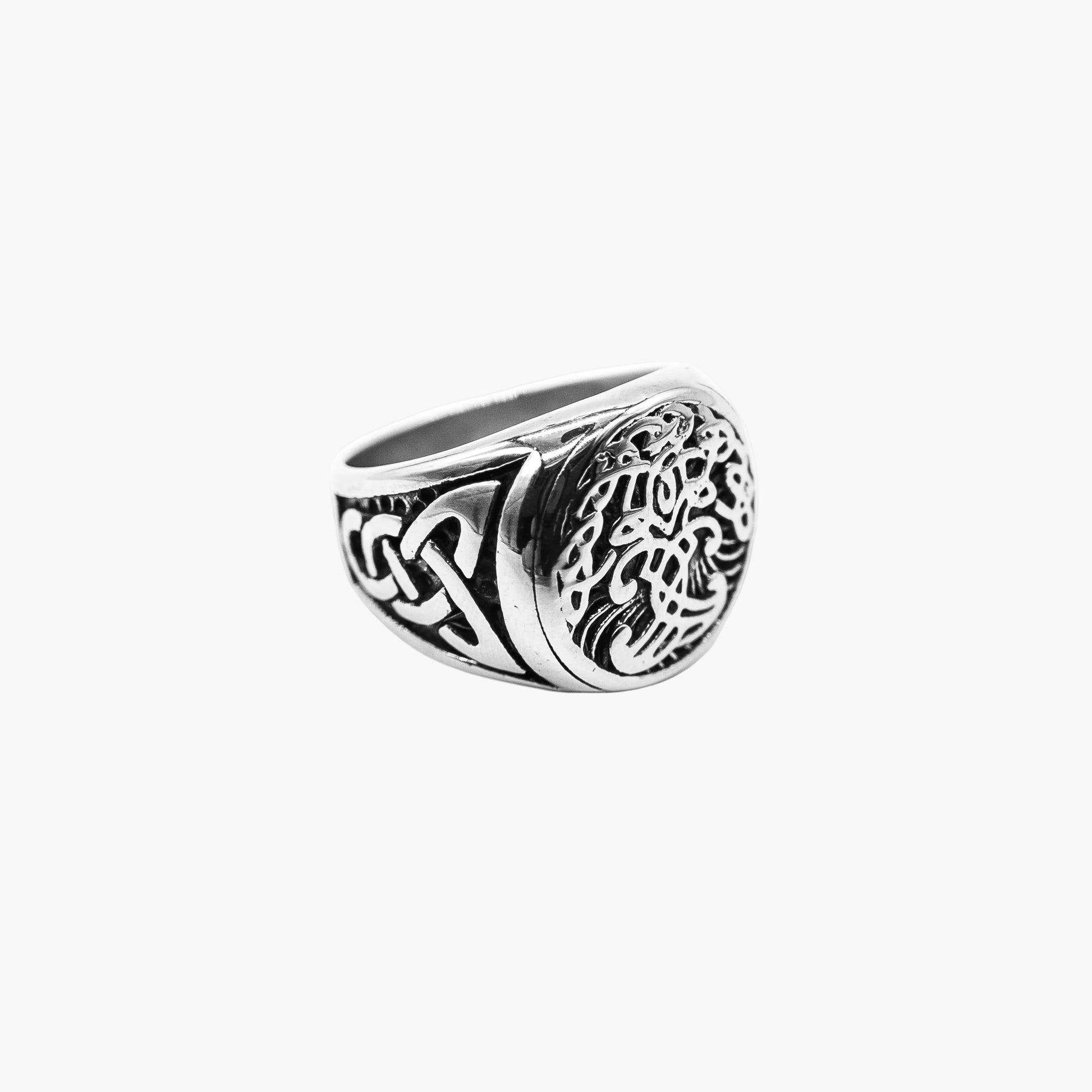 left side view of Tree of Life Norse stainless steel ring
