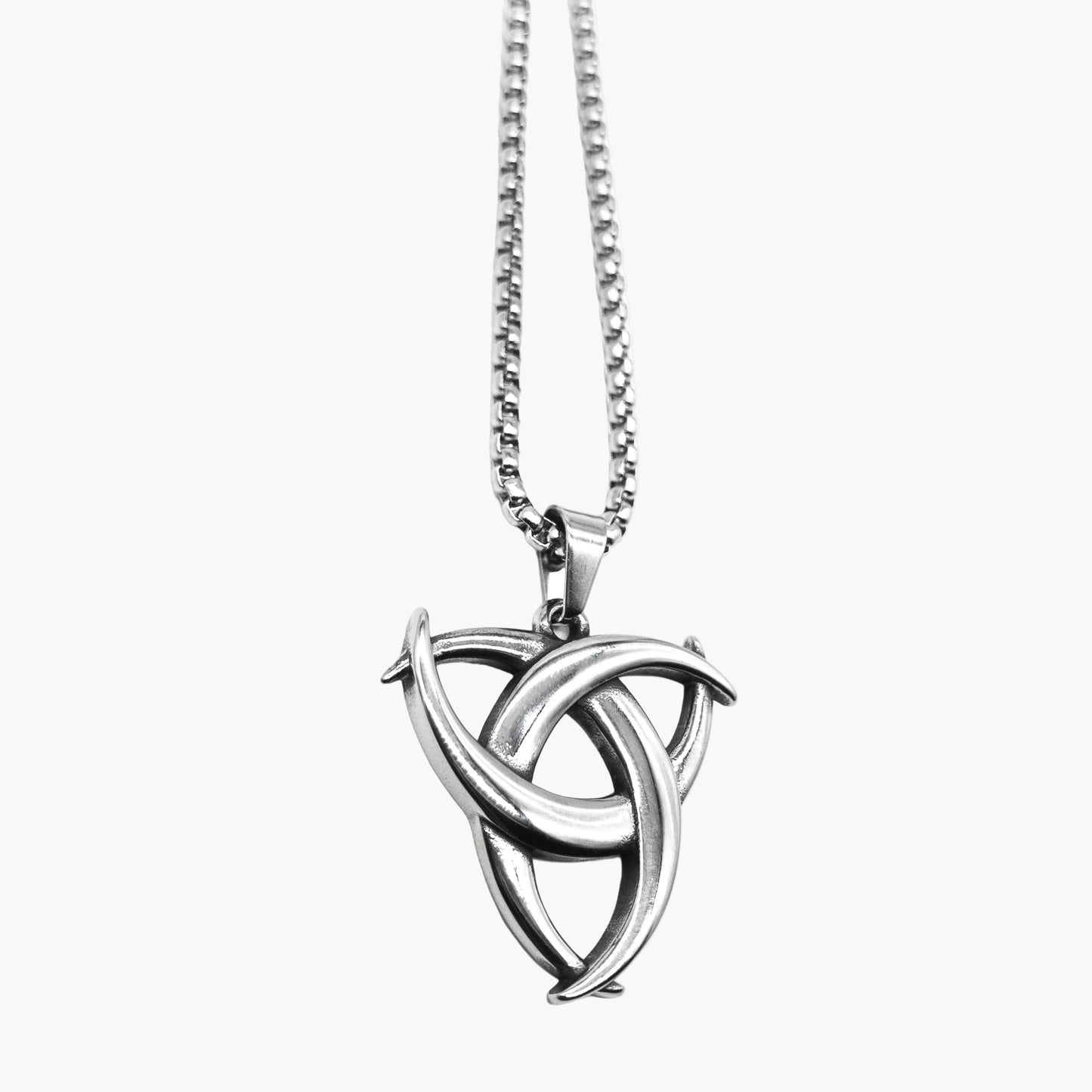 left angle view of Trinity Knot pendant in 316L stainless steel