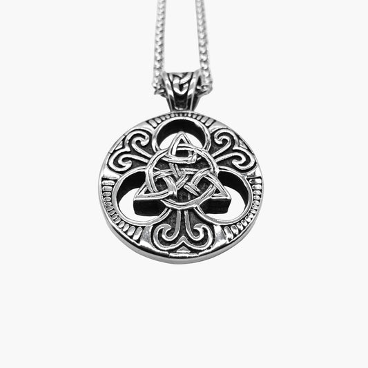 Trinity Necklace by HOUSE OF ROK showing Norse-Celtic Triquetra pendant with detailed engraving in 316L stainless steel.