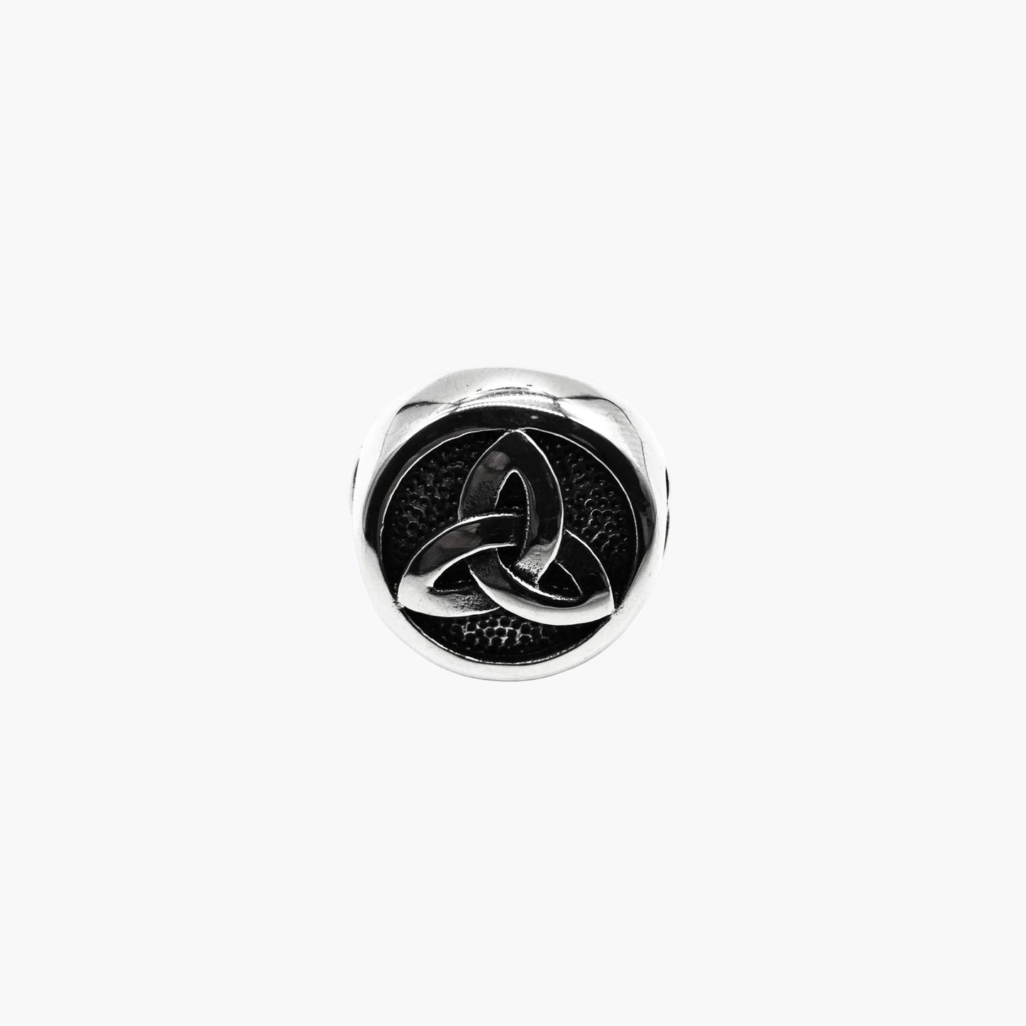 Triquetra Ring by HOUSE OF ROK showing intricate Norse-Celtic knot engraving on the front of the 316L stainless steel band