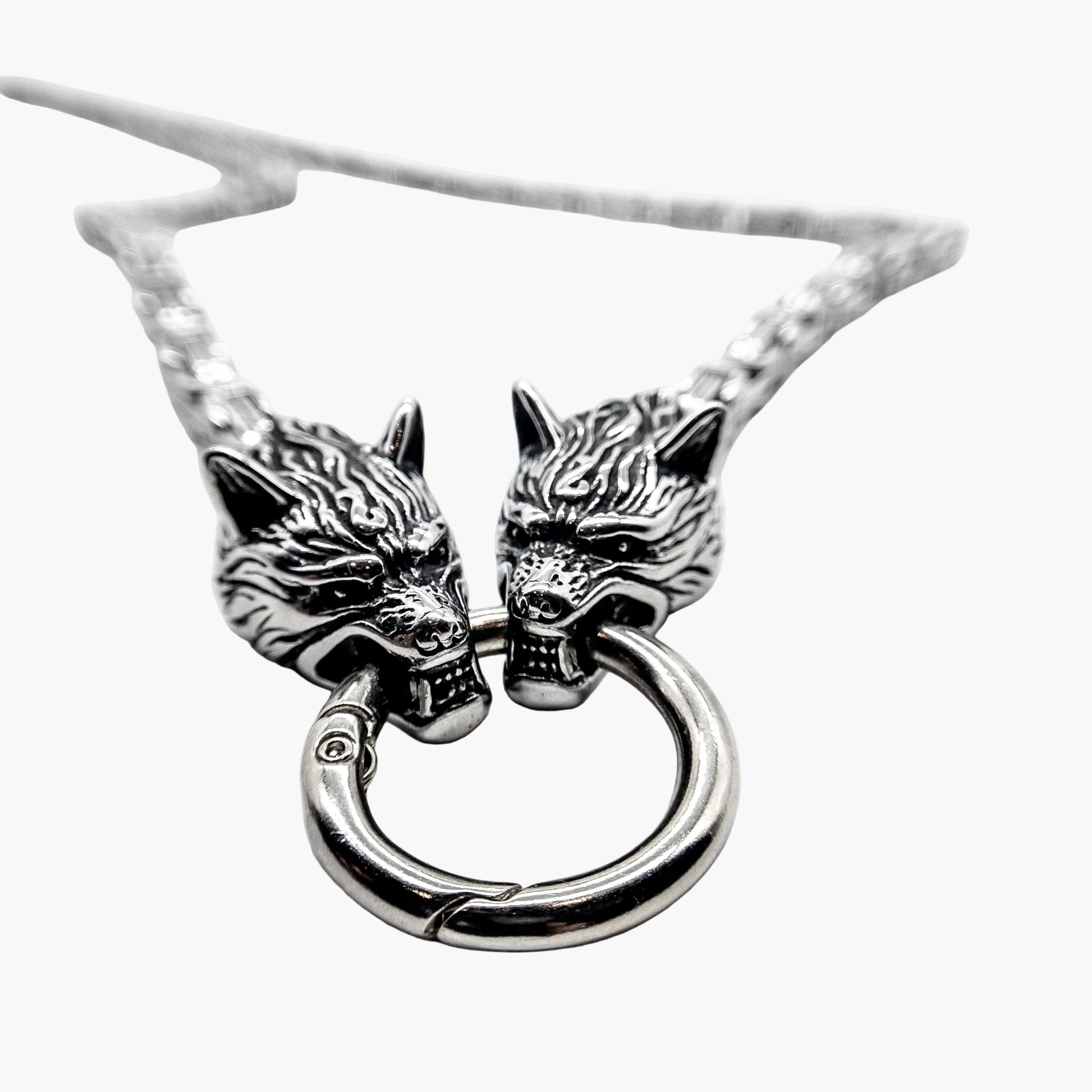angled view of Two Wolves 316L stainless steel chain