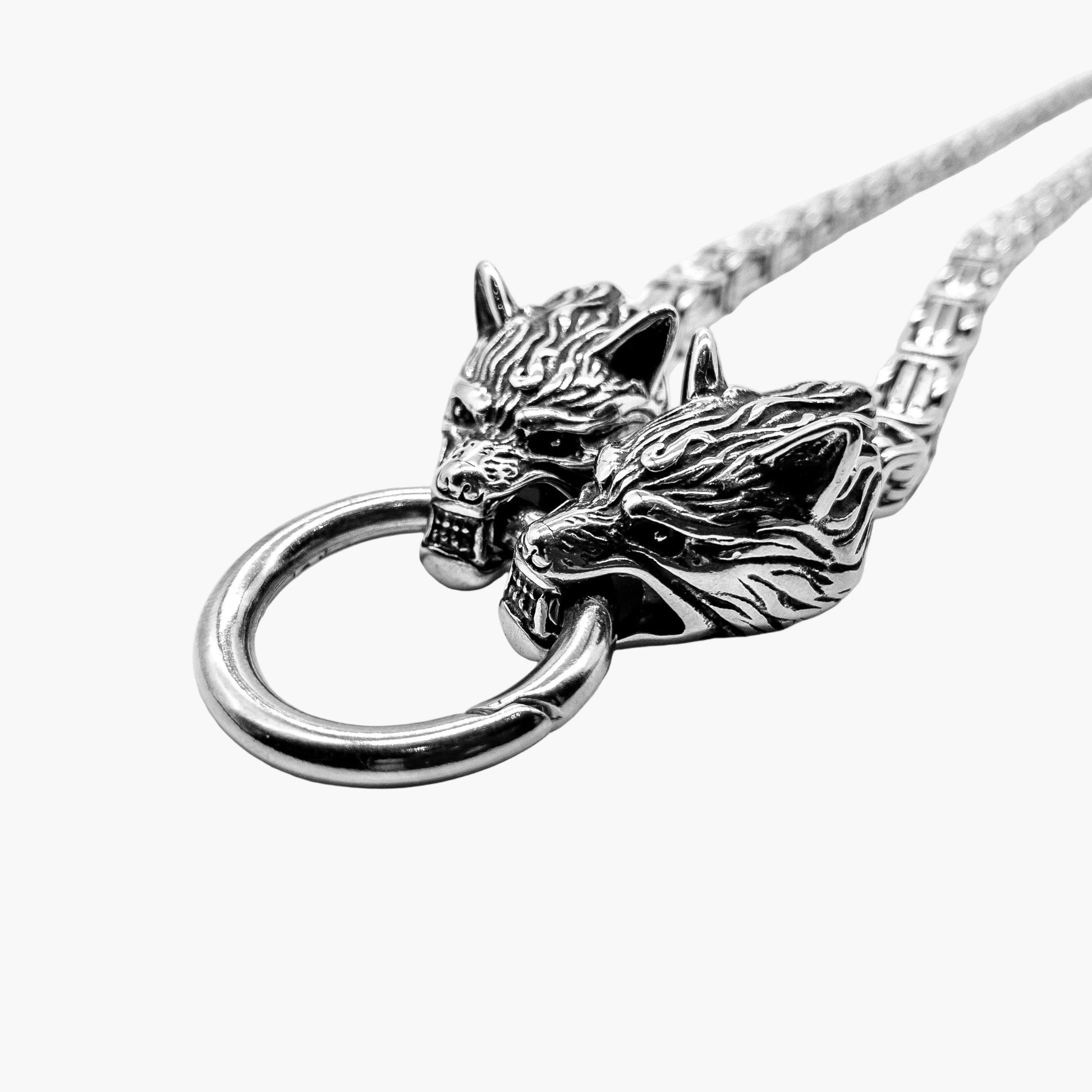 Side view of Two Wolves Norse chain with pendant detail