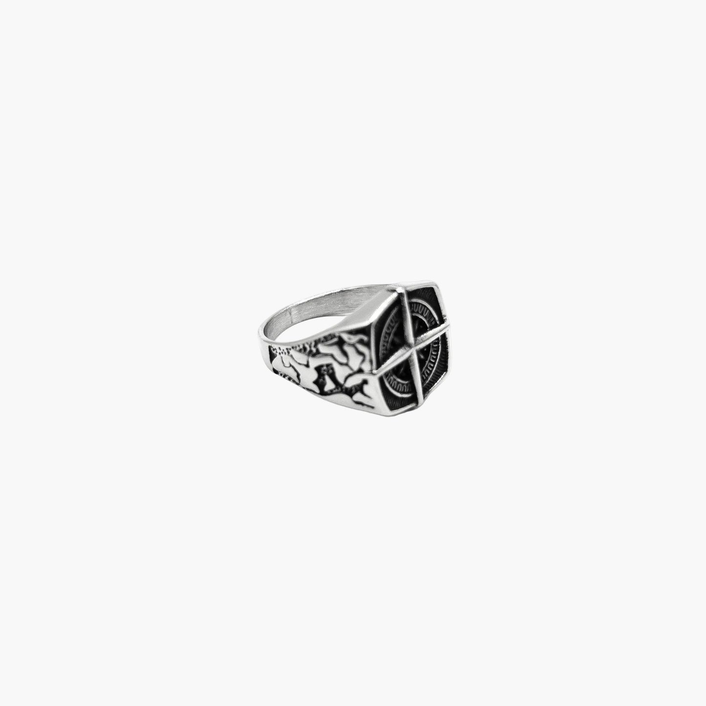 left angle view of Vagabond ring showing etched band detail