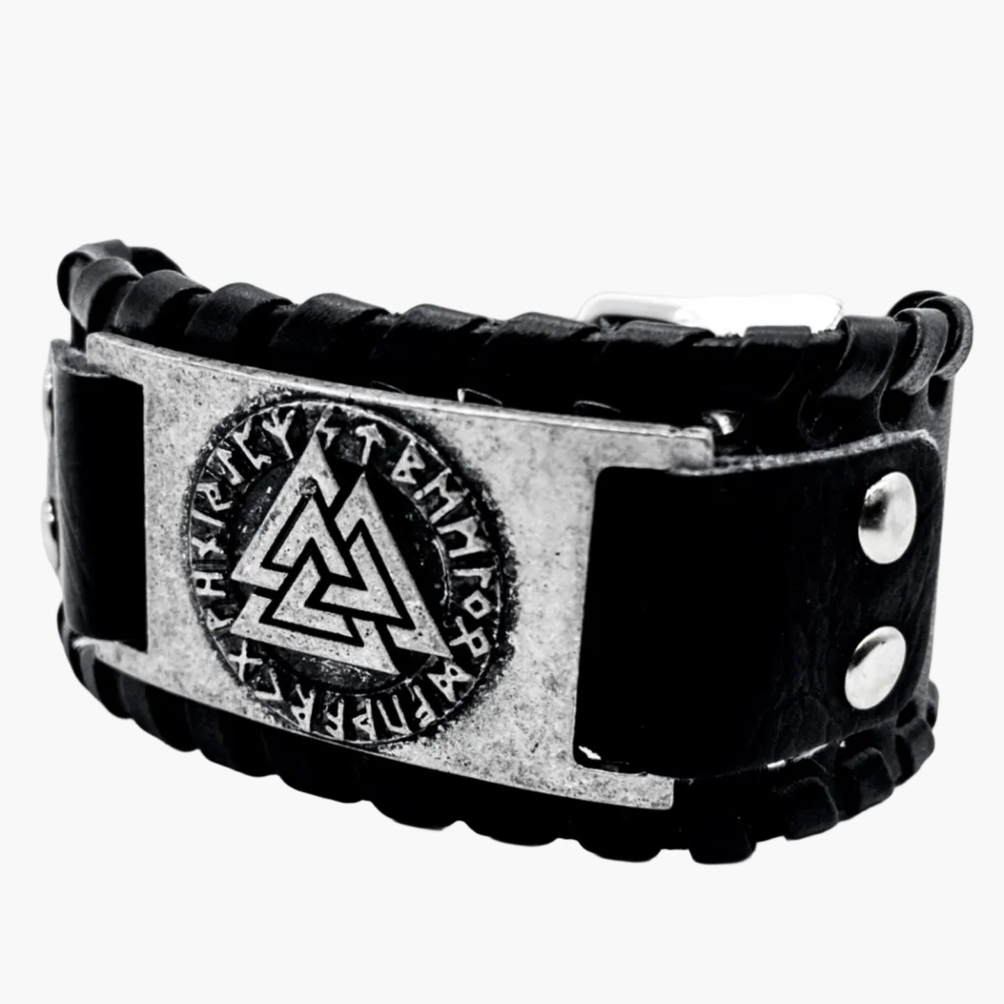 silver plated Valknut detail on leather cuff bracelet