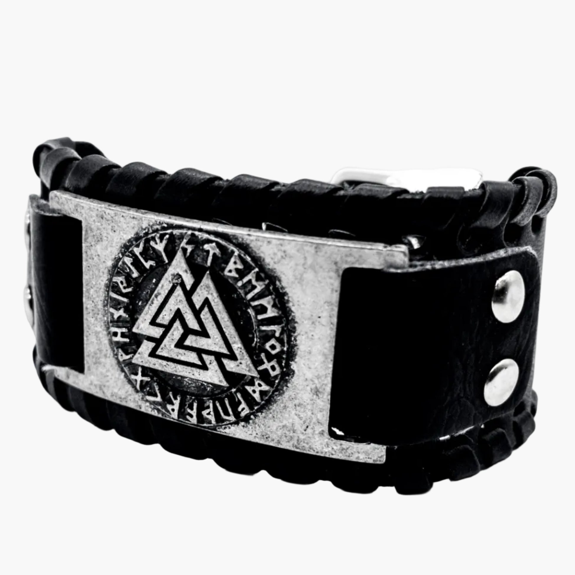 silver plated Valknut detail on leather cuff bracelet