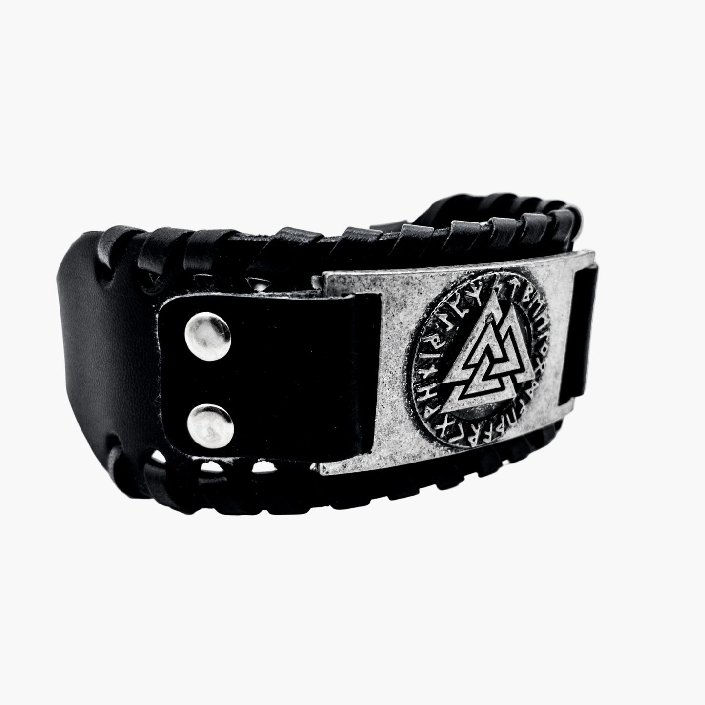 side view of Valknut leather strap cuff bracelet