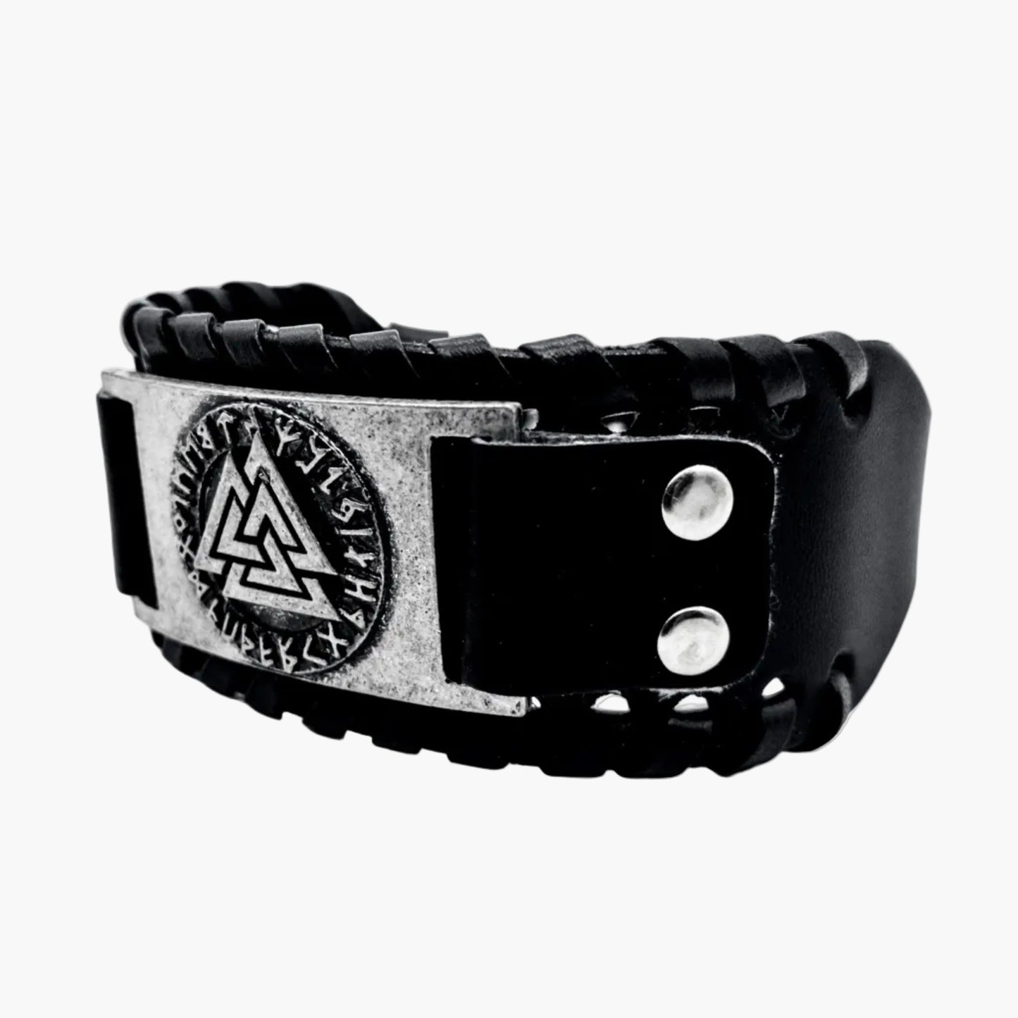tilted side view of Valknut leather strap cuff bracelet