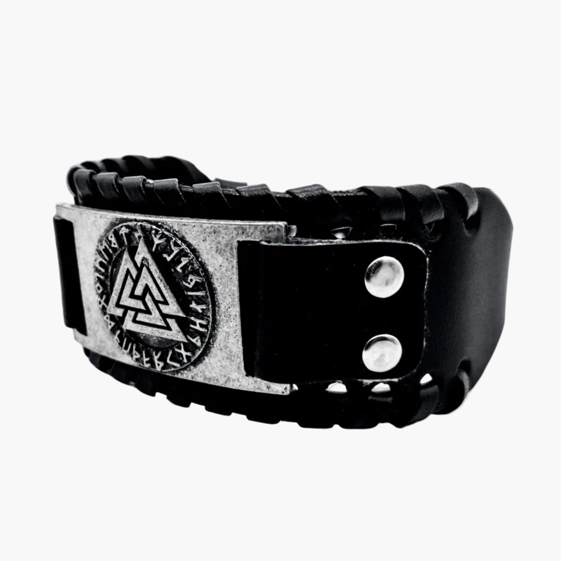 tilted side view of Valknut leather strap cuff bracelet