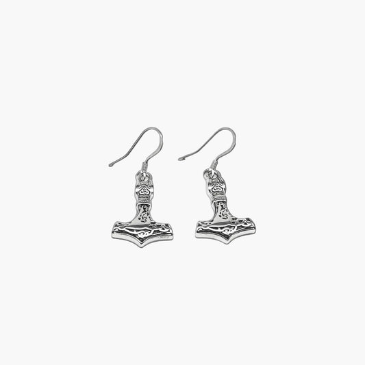 Silver Valkyrie Hammer earrings by HOUSE OF ROK showing sculpted Norse-inspired hammer design