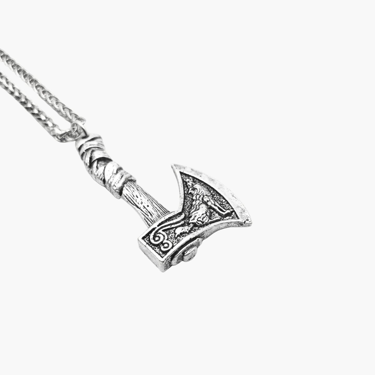 right angle view of War Axe pendant in 316L stainless steel