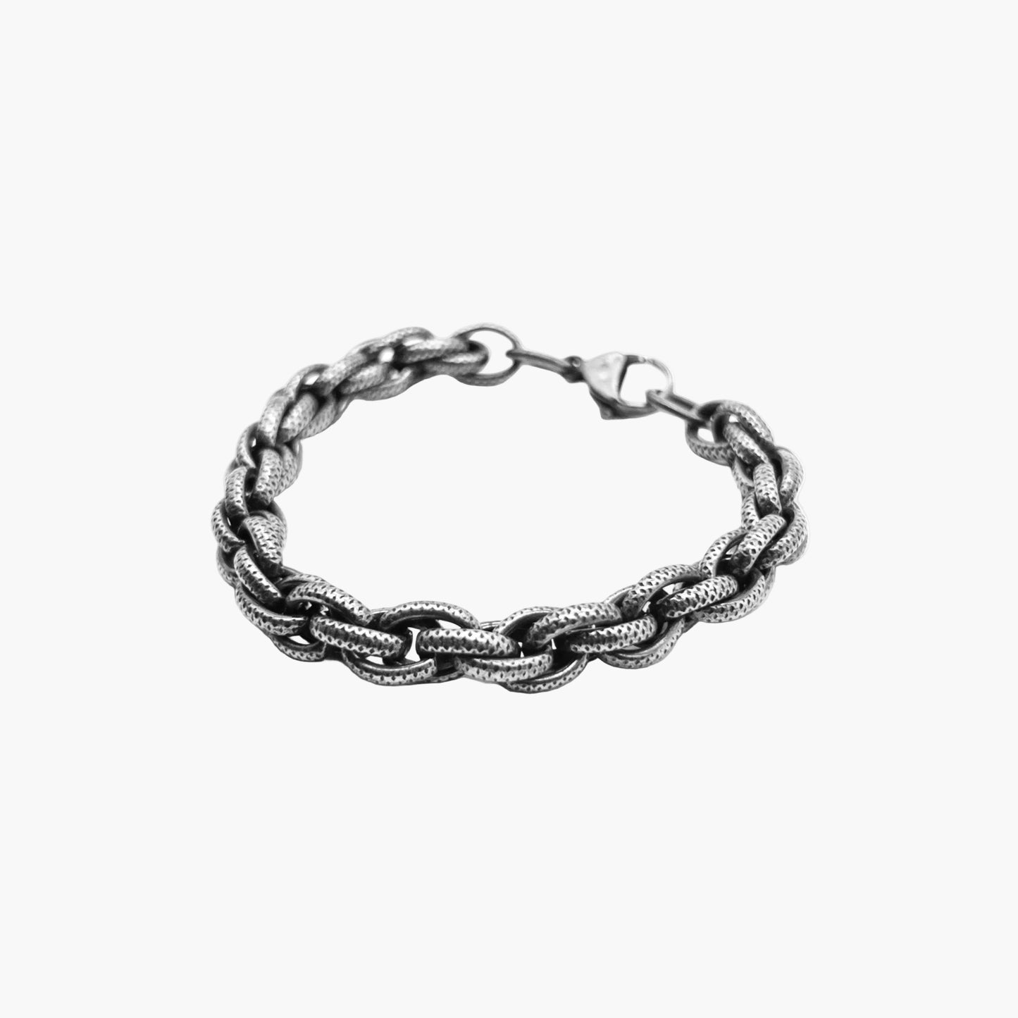 angled view of War Rebel Links polished silver link bracelet HOUSE OF ROK