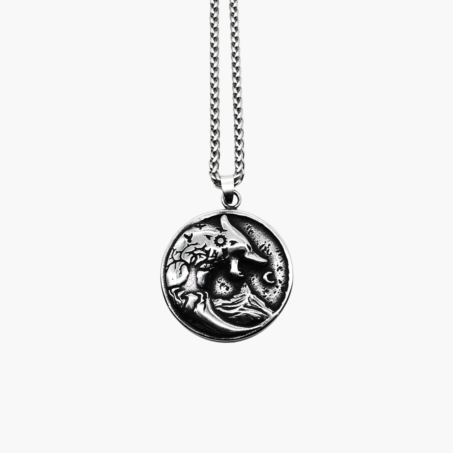 wolf and Yggdrasil branches with crescent moon engraving on Warg Chain pendant