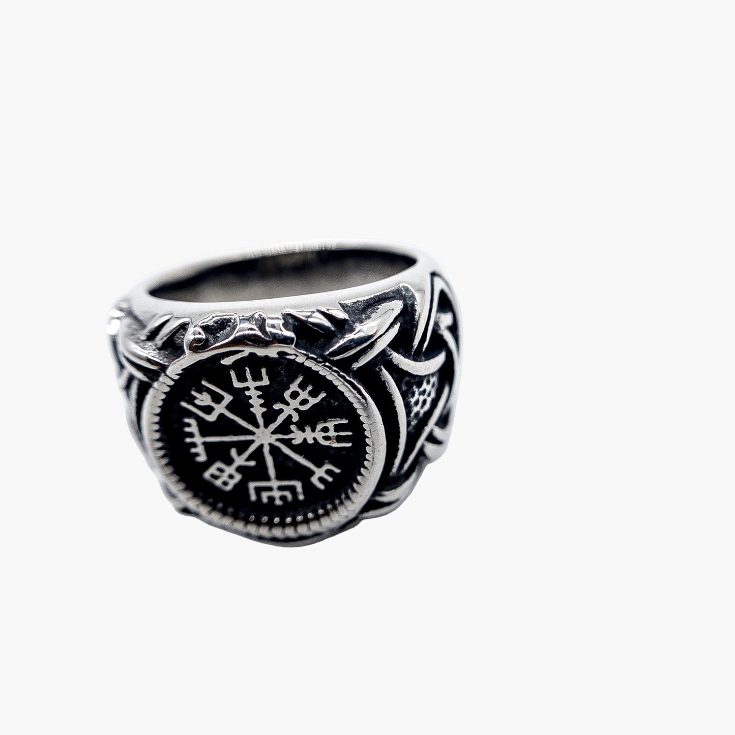 left close shot angle view of Wayfarer Helm of Awe stainless steel ring
