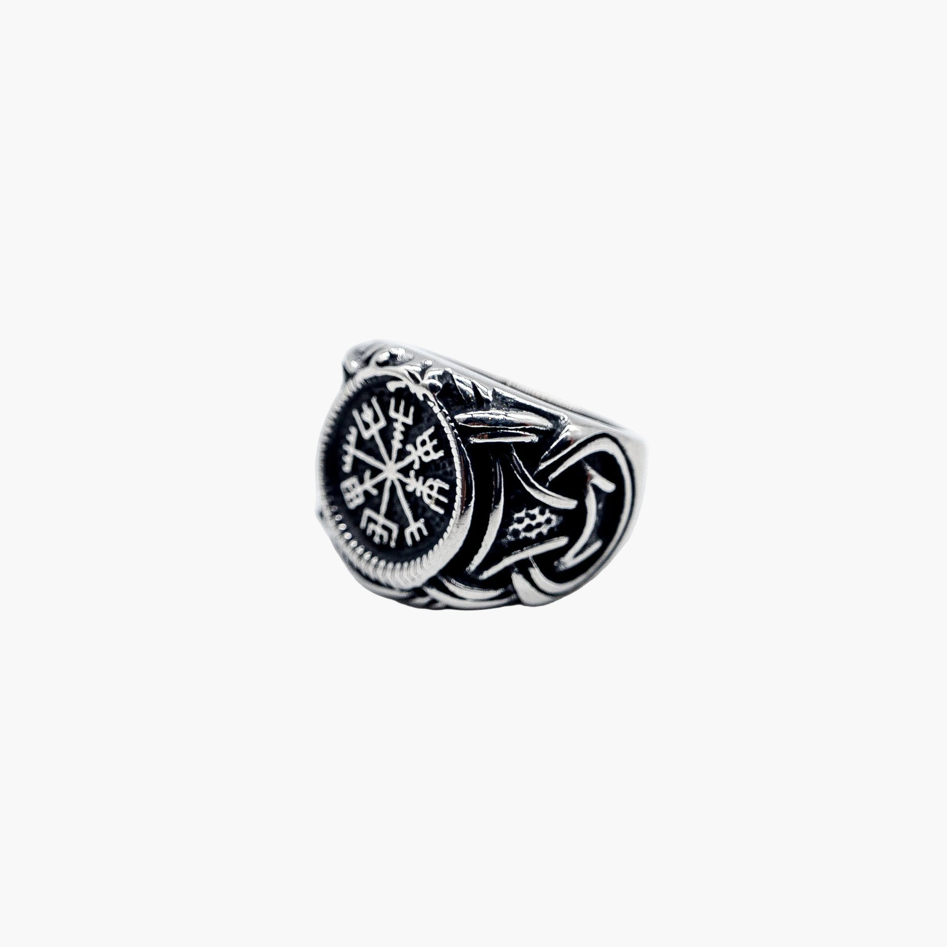 left angle view of Wayfarer Helm of Awe stainless steel ring