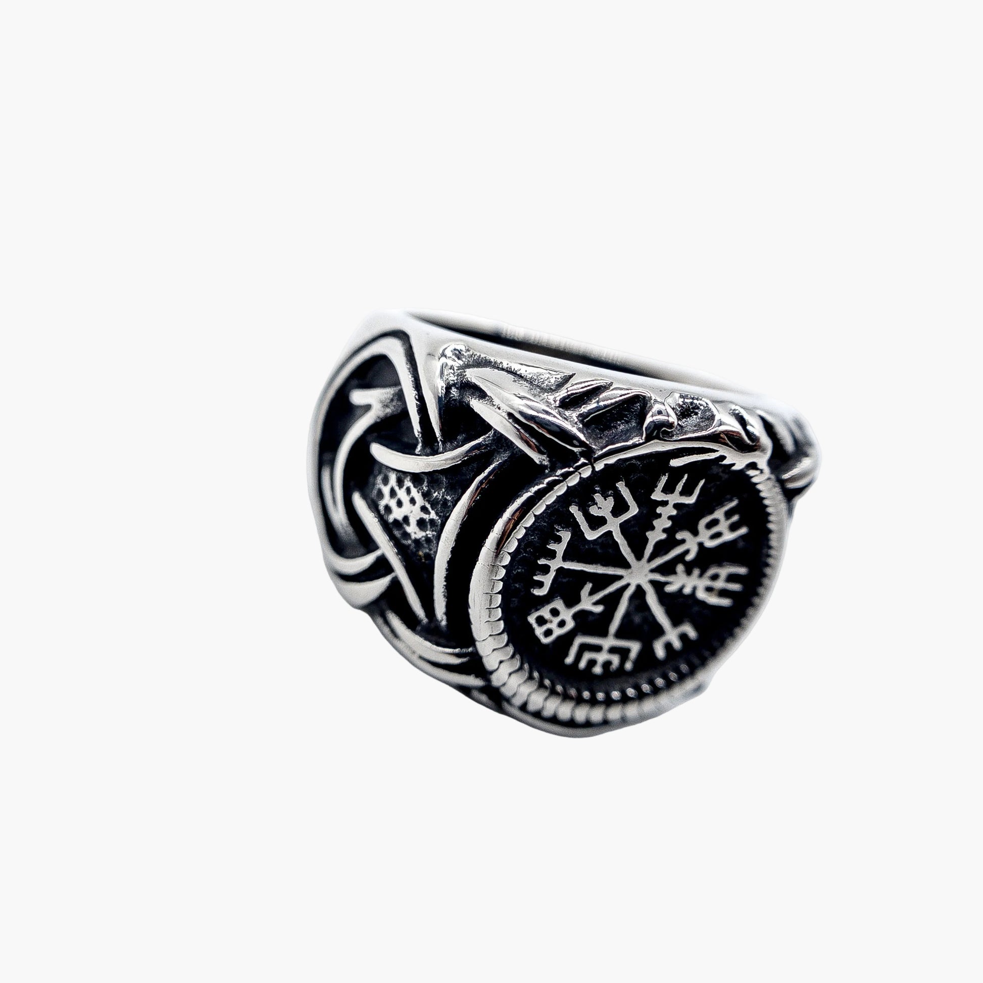 right angle close shot view of Wayfarer Helm of Awe stainless steel ring