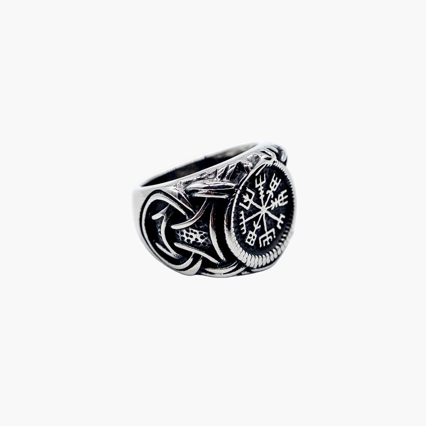 right angle view of Wayfarer Norse ring showing engraving depth