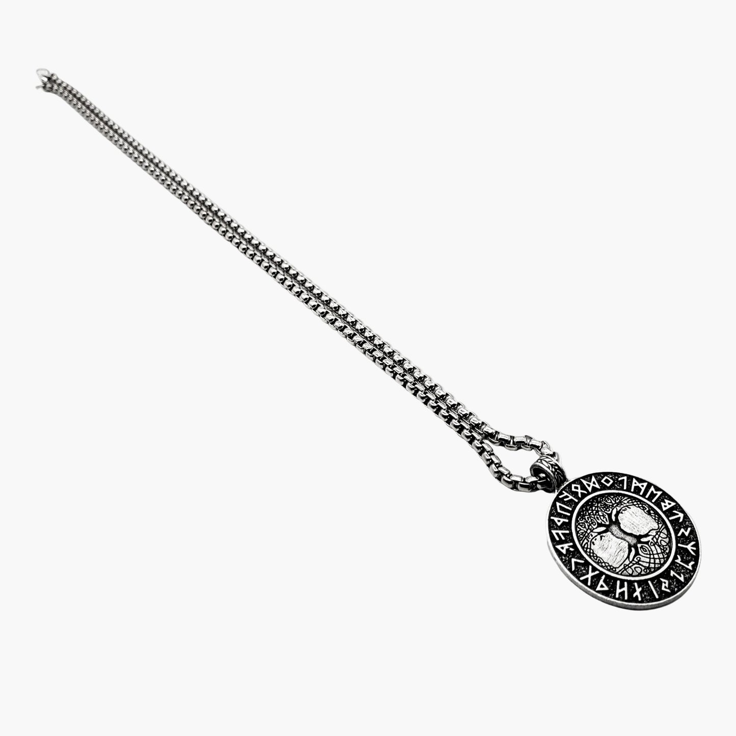 right side length view of White Tree Yggdrasil pendant necklace with chain