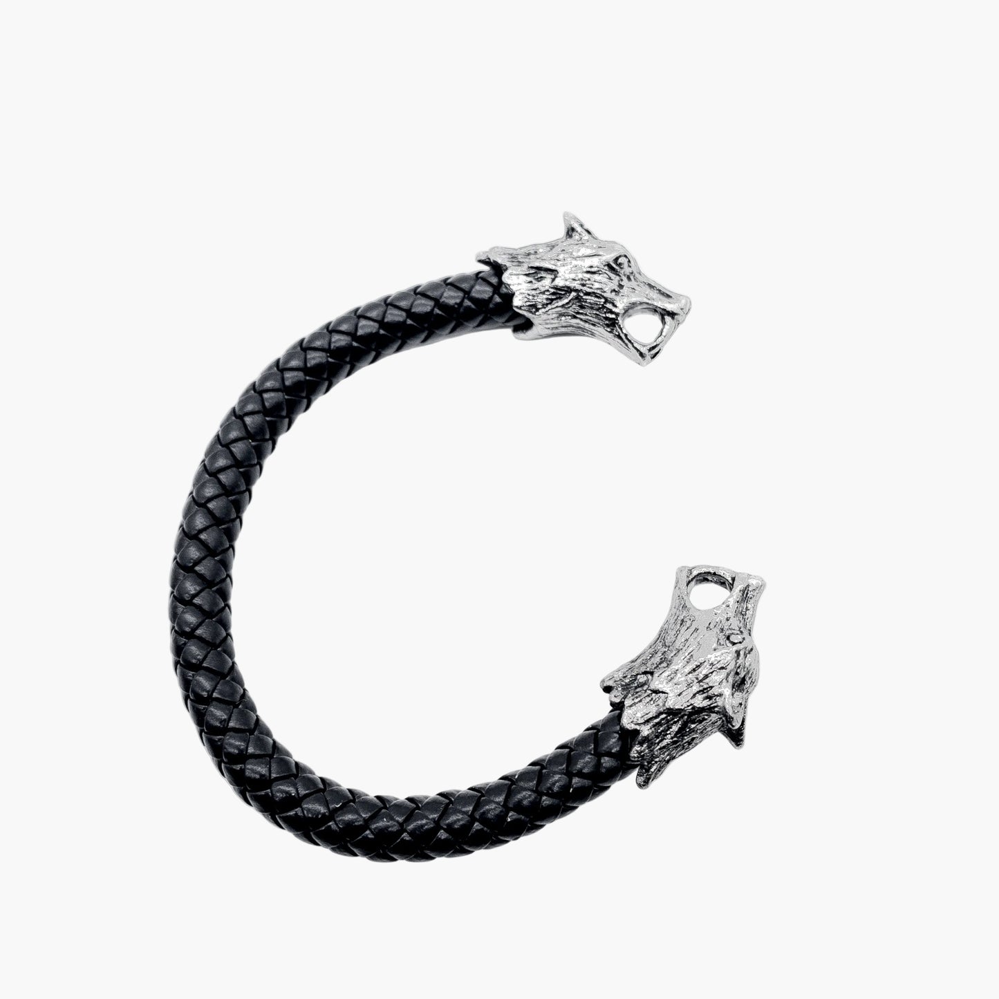 side view of Wolf Head Norse leather bangle