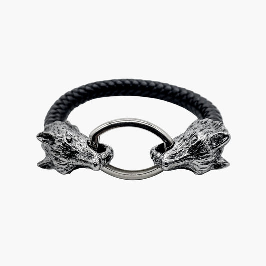 HOUSE OF ROK Wolf Head Leather and Stainless Steel Norse Bangle