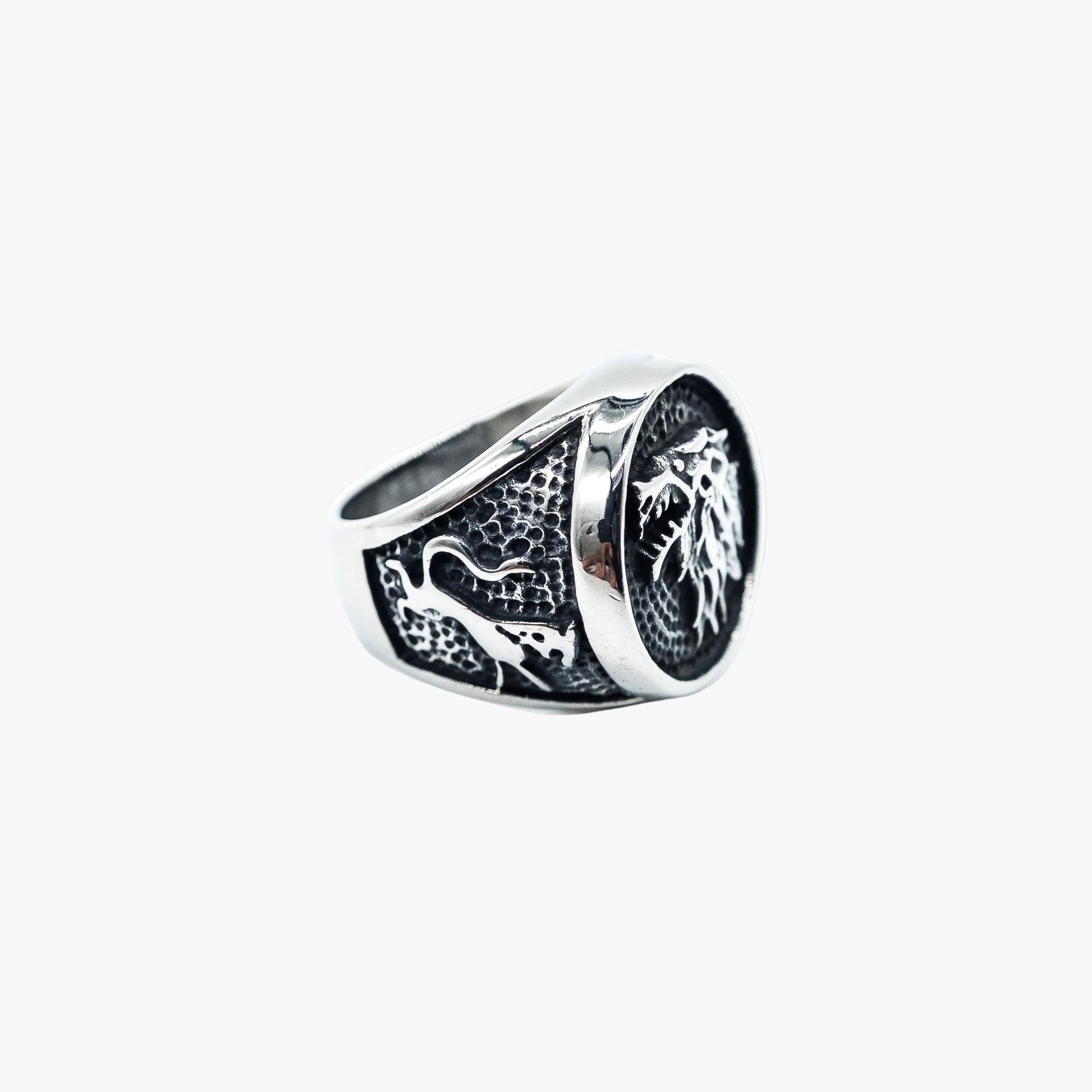 left side view of Wolf Master Norse ring showing band detail