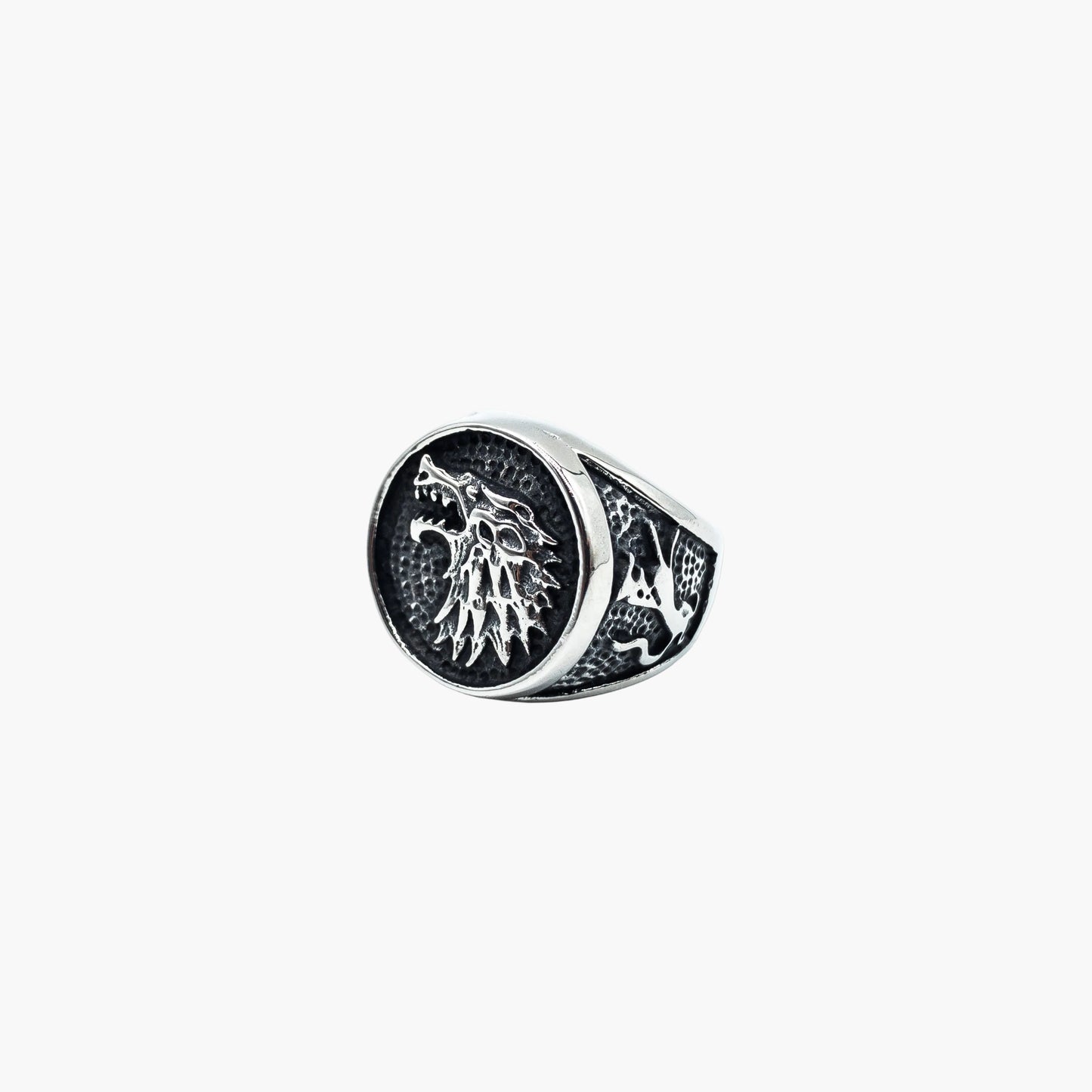 right side view of Wolf Master Norse ring showing band detail