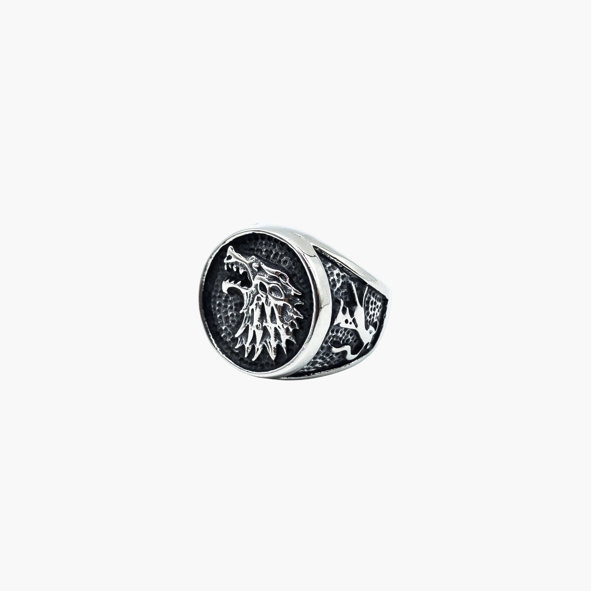 right side view of Wolf Master Norse ring showing band detail