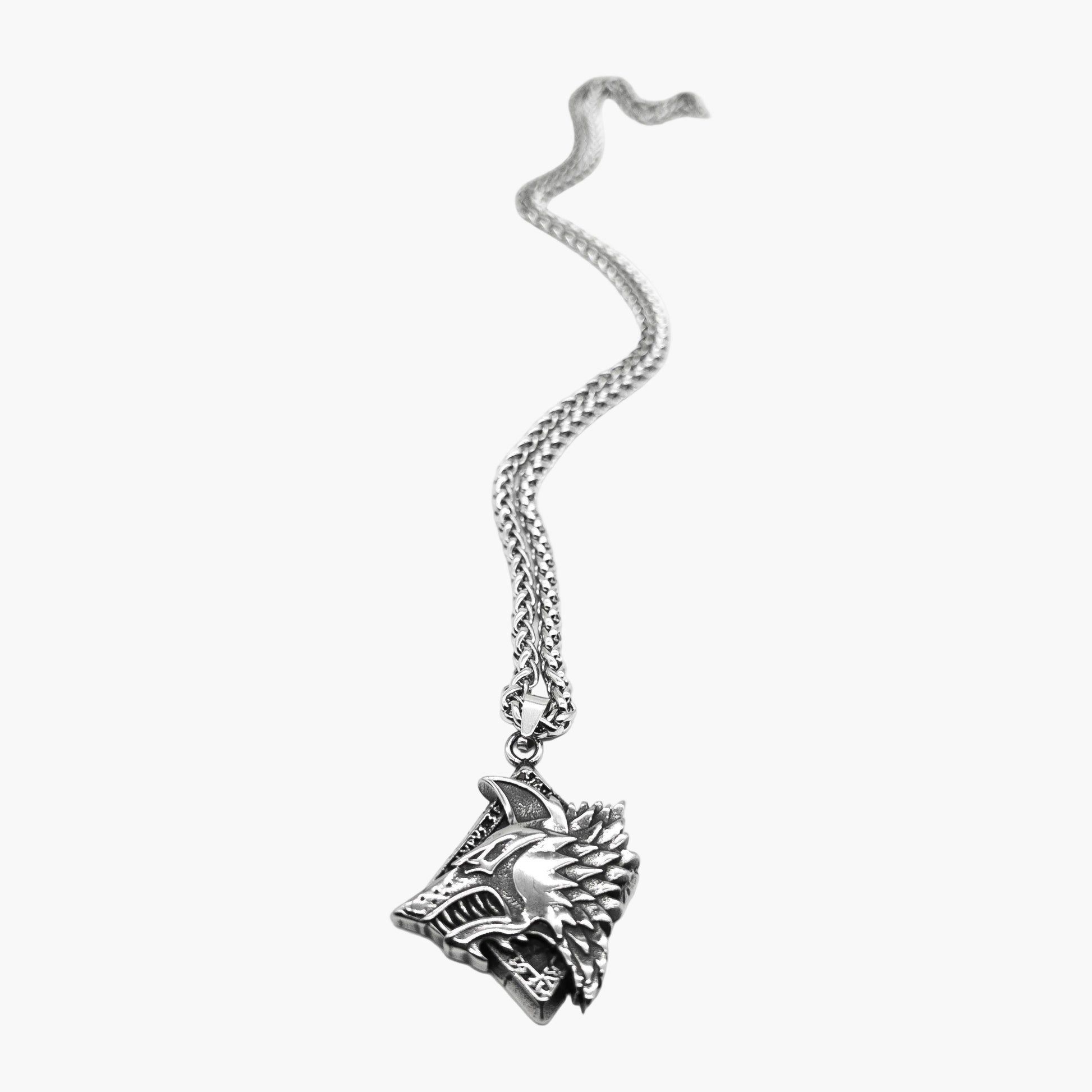 flat shot view of Wolf of God pendant in 316L stainless steel