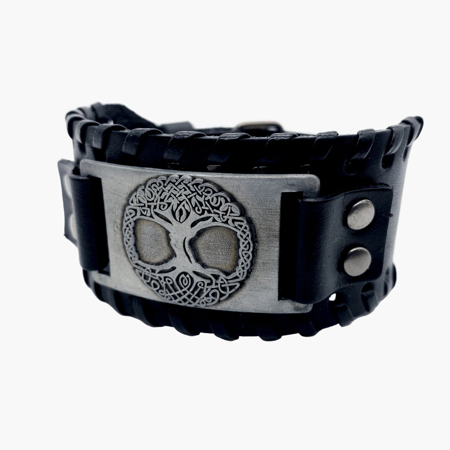 left side view of Yggdrasil stainless steel cuff bracelet