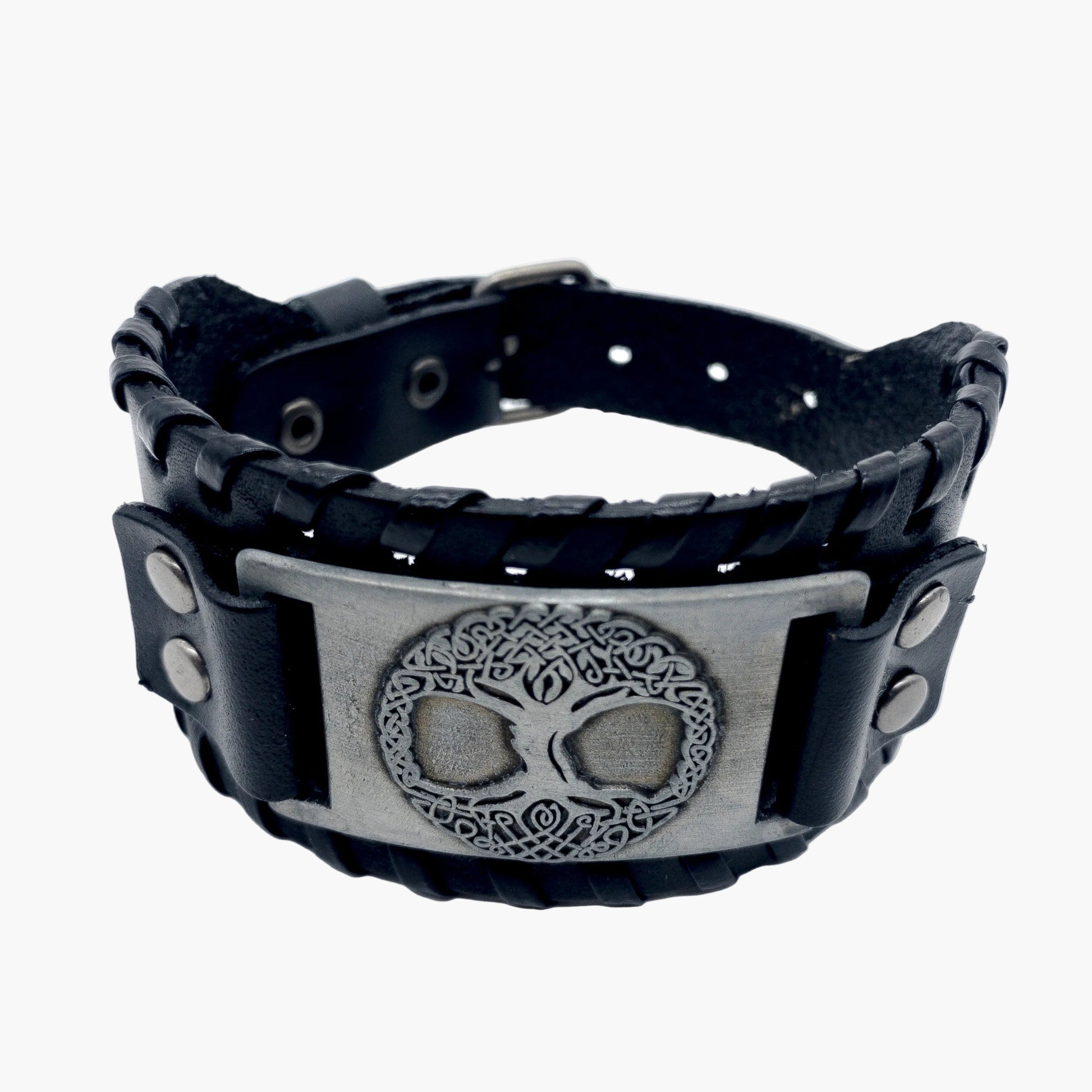 Top down shot Yggdrasil Tree of Life detail on stainless steel wrist cuff