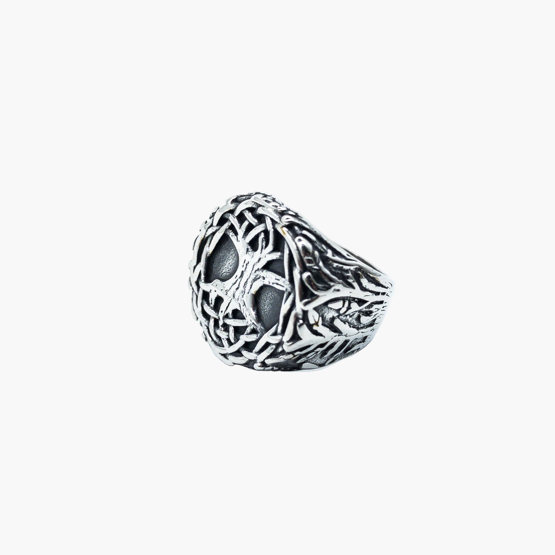 left side view of Yggdrasil Norse stainless steel ring