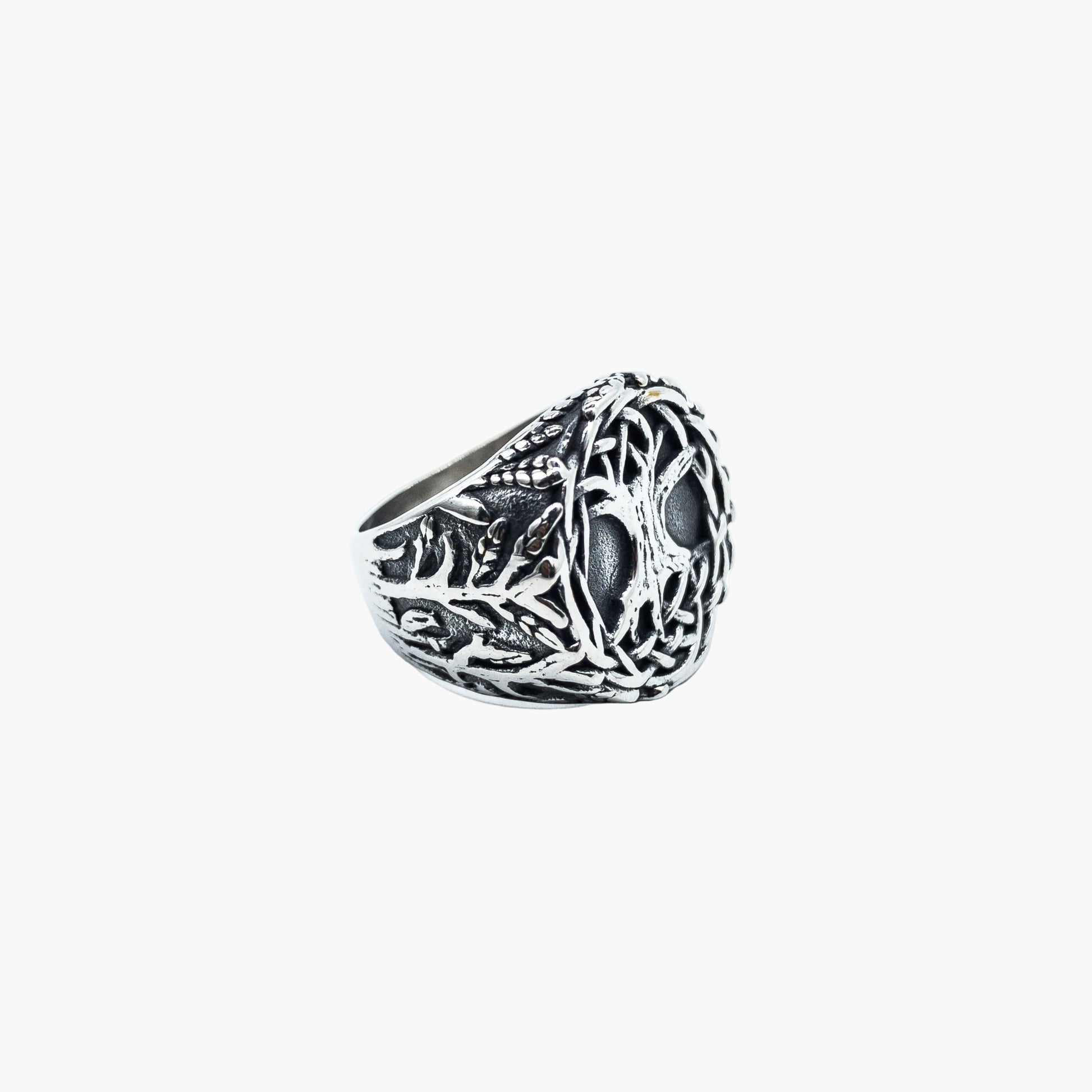 right side view of Yggdrasil Norse stainless steel ring